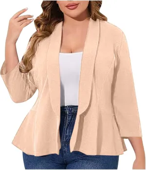 Women Plus Size Casual Blazer Peplum Waisted Slim Fit Open Front 3/4 Sleeve Loose Fit Cardigan Jacket for Business