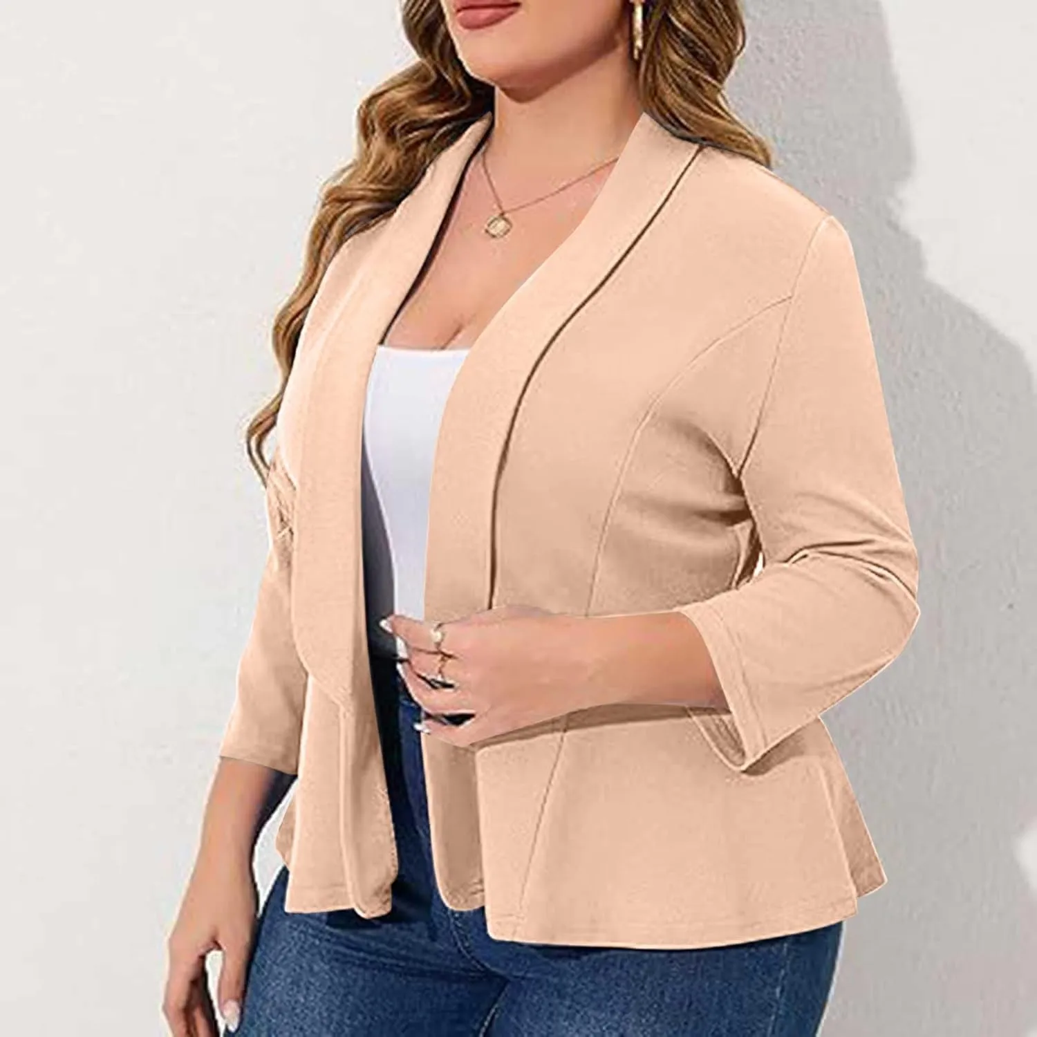 Women Plus Size Casual Blazer Peplum Waisted Slim Fit Open Front 3/4 Sleeve Loose Fit Cardigan Jacket for Business