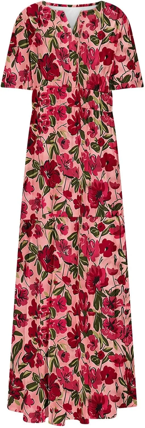 Women's 2025 Summer Maxi Dress Casual Floral Boho Short Sleeve V Neck Flowy Ruffle Long Beach Vacation Dresses