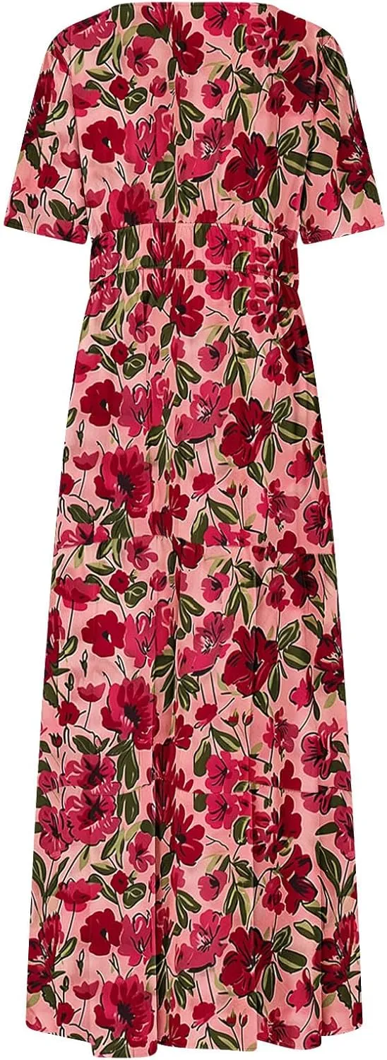 Women's 2025 Summer Maxi Dress Casual Floral Boho Short Sleeve V Neck Flowy Ruffle Long Beach Vacation Dresses