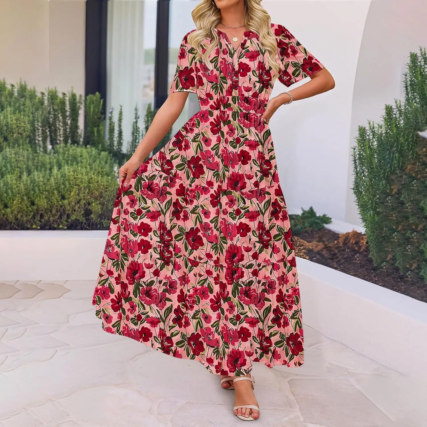 Women's 2025 Summer Maxi Dress Casual Floral Boho Short Sleeve V Neck Flowy Ruffle Long Beach Vacation Dresses