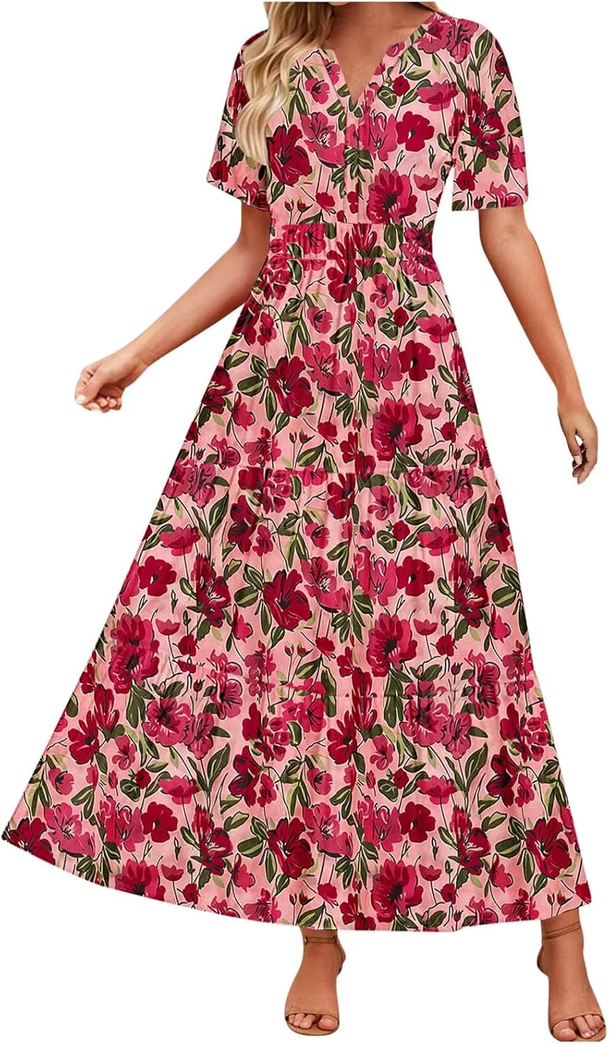 Women's 2025 Summer Maxi Dress Casual Floral Boho Short Sleeve V Neck Flowy Ruffle Long Beach Vacation Dresses