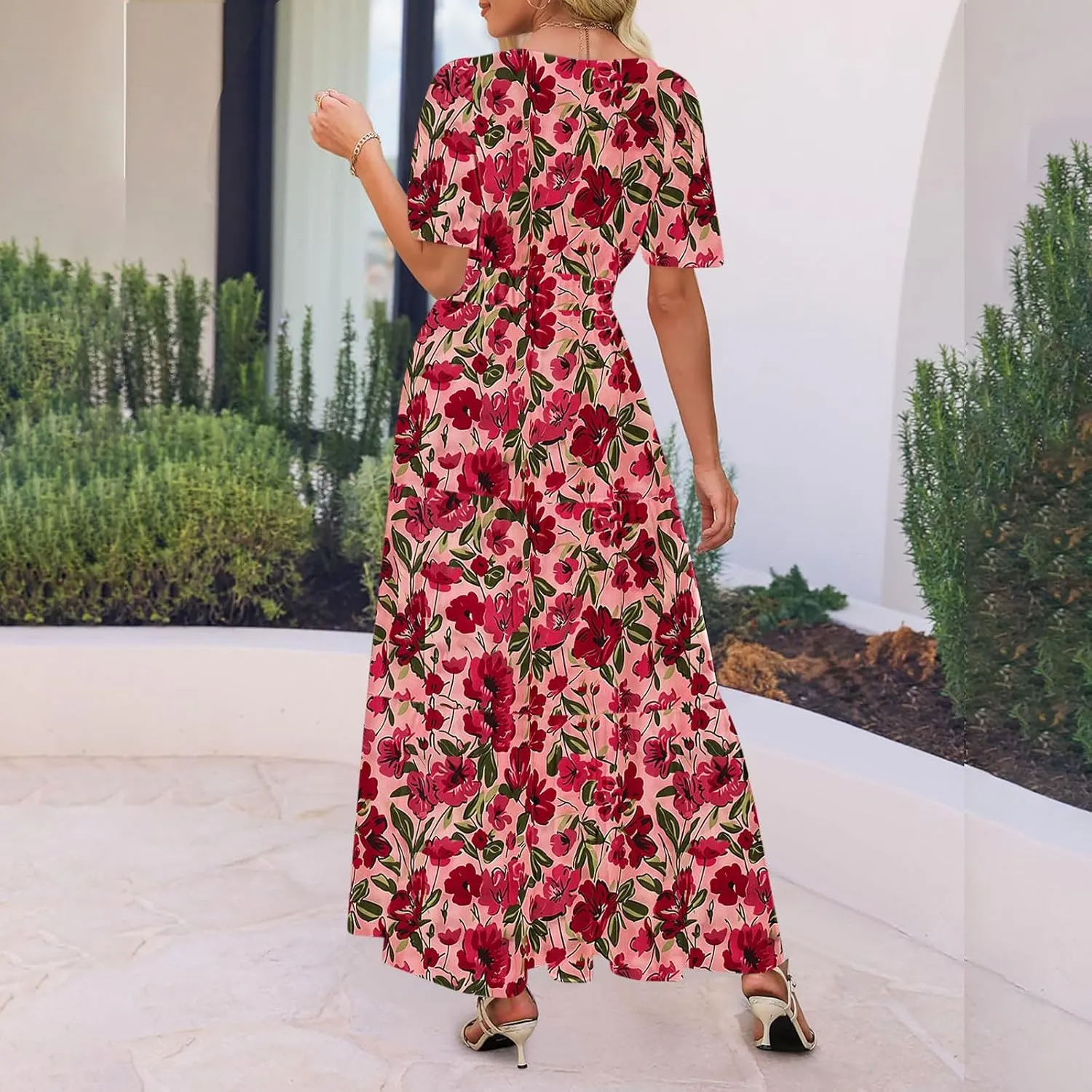 Women's 2025 Summer Maxi Dress Casual Floral Boho Short Sleeve V Neck Flowy Ruffle Long Beach Vacation Dresses