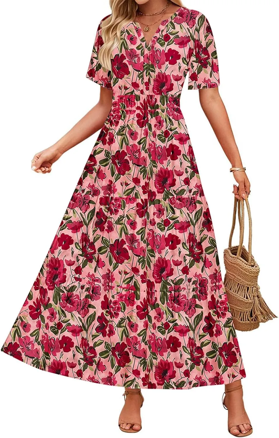 Women's 2025 Summer Maxi Dress Casual Floral Boho Short Sleeve V Neck Flowy Ruffle Long Beach Vacation Dresses