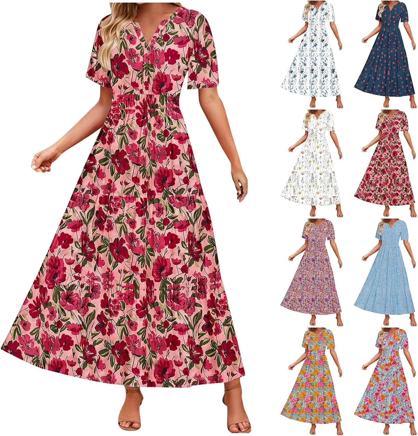 Women's 2025 Summer Maxi Dress Casual Floral Boho Short Sleeve V Neck Flowy Ruffle Long Beach Vacation Dresses