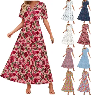 Women's 2025 Summer Maxi Dress Casual Floral Boho Short Sleeve V Neck Flowy Ruffle Long Beach Vacation Dresses