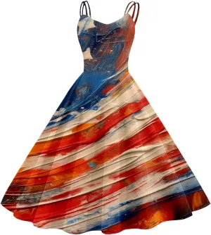 Womens American Flag Dresses USA Flag Stars Stripes Midi 4th of July Dress 50s Swing A-Line Elegant Cocktail Sundress