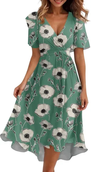 Womens Boho Floral Printed Chiffon Dresses 2025 Elegant V Neck Belted Summer Wedding Prom Cocktail Midi Dress