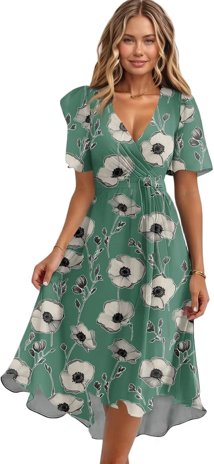 Womens Boho Floral Printed Chiffon Dresses 2025 Elegant V Neck Belted Summer Wedding Prom Cocktail Midi Dress