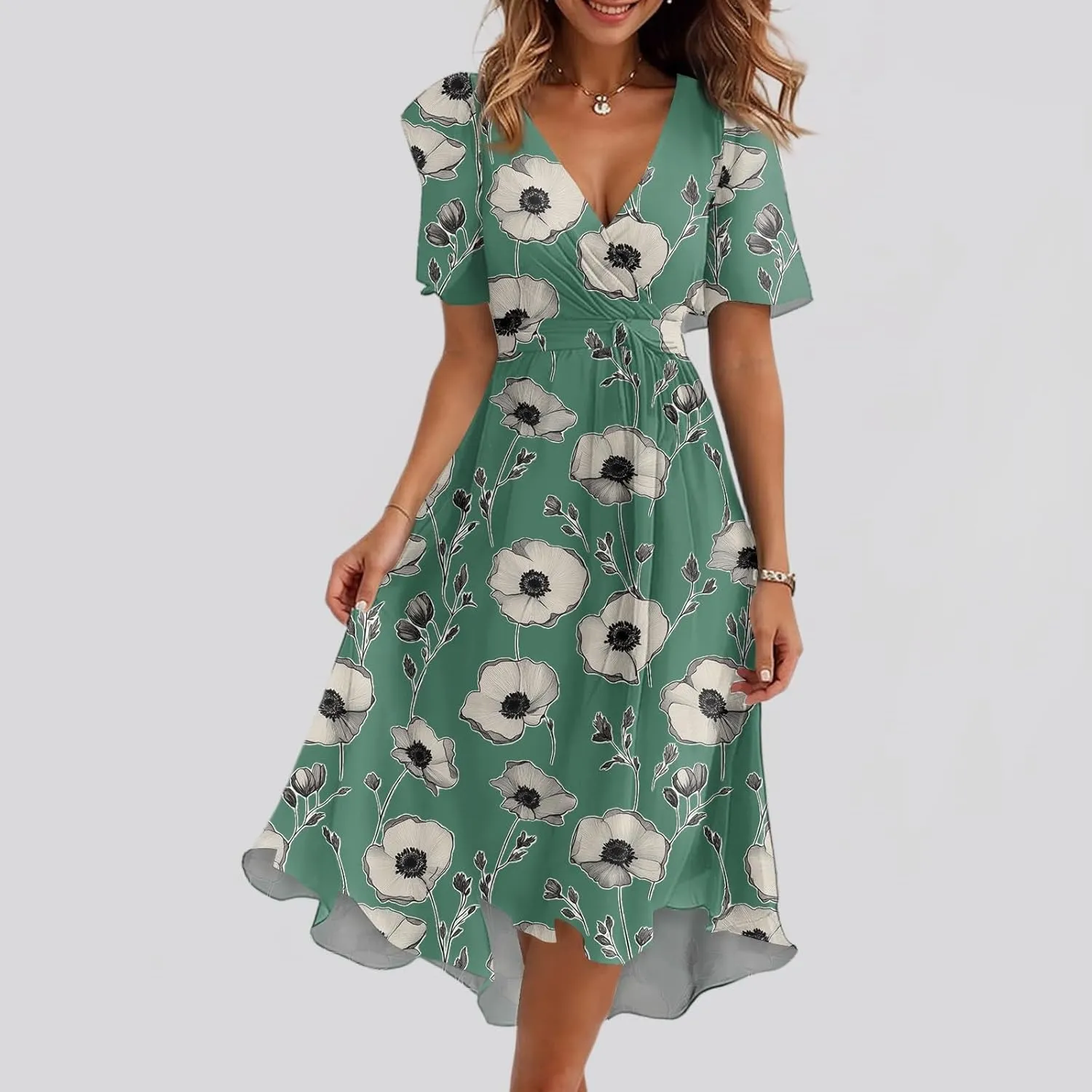 Womens Boho Floral Printed Chiffon Dresses 2025 Elegant V Neck Belted Summer Wedding Prom Cocktail Midi Dress