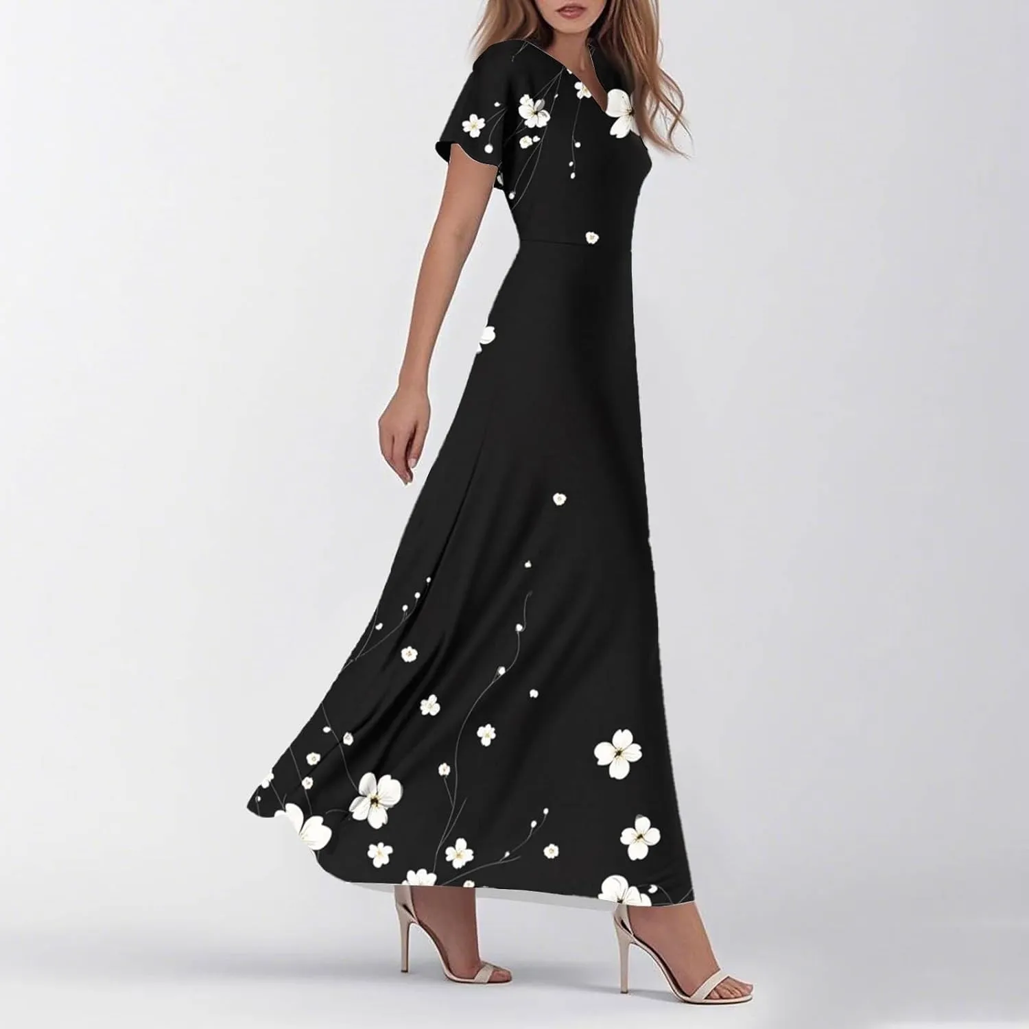 Womens Floral Dress Summer Short Sleeve Simple V-Neck Beautiful Beach Belted Retro Flower Leaf Print Dress