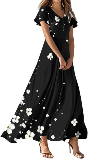 Womens Floral Dress Summer Short Sleeve Simple V-Neck Beautiful Beach Belted Retro Flower Leaf Print Dress