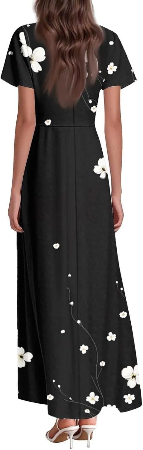 Womens Floral Dress Summer Short Sleeve Simple V-Neck Beautiful Beach Belted Retro Flower Leaf Print Dress