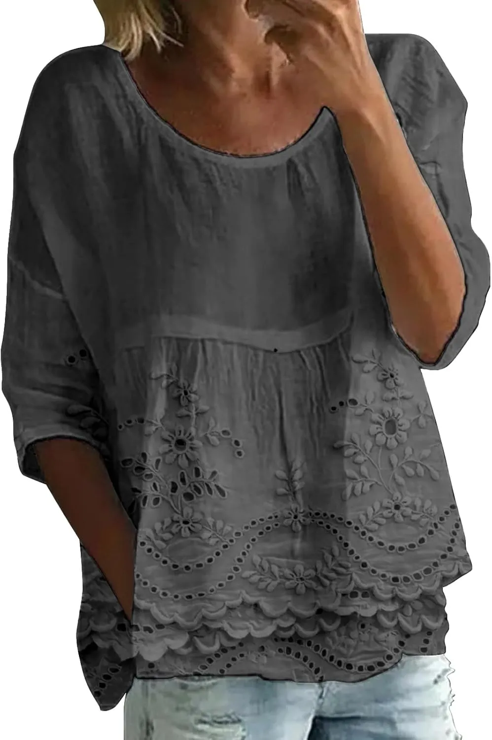 Womens Floral Embroidered Peasant Tops 3/4 Length Sleeve Casual Loose Fit Empire Waist Flowy Boho Babydoll Blouses