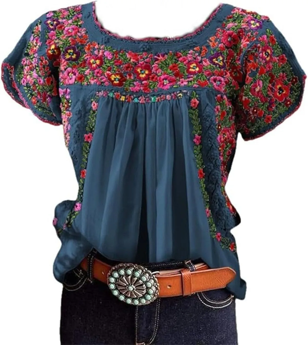 Women's Floral Embroidered Tops Summer Short Sleeve Pleated Peasant Blouses Casual Loose Crew Neck Mexican Shirts