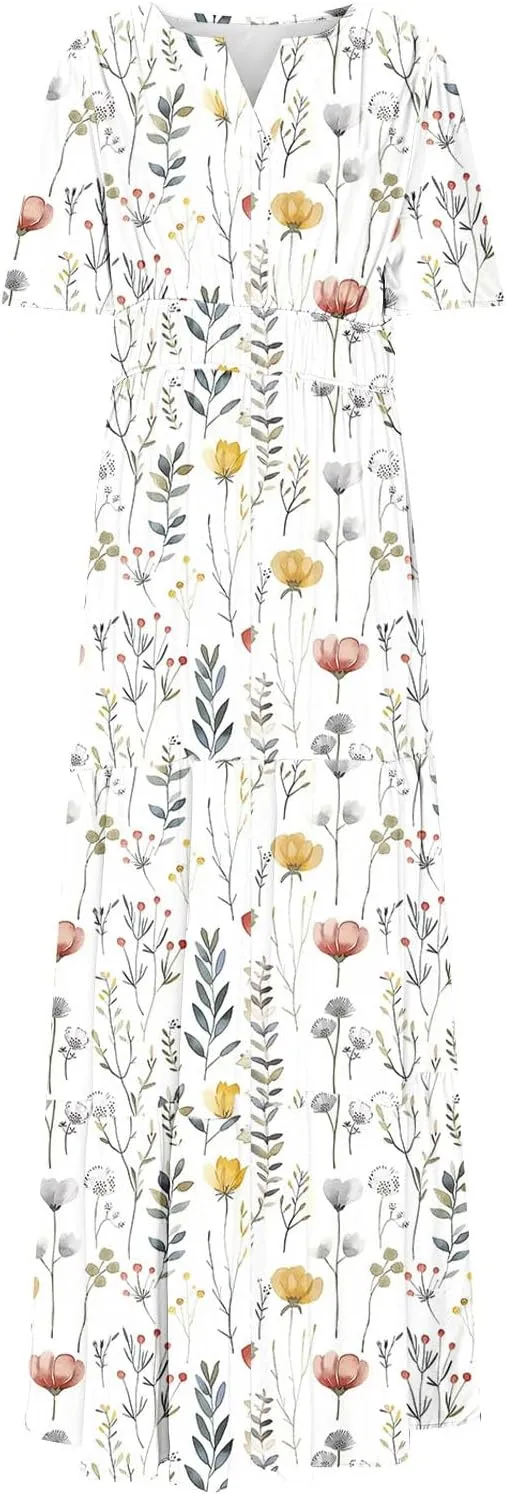 Womens Floral Maxi Dresses V Neck Short Sleeve High Waist A Line Boho Dress 2025 Summer Beach Boho Vacation Dresses