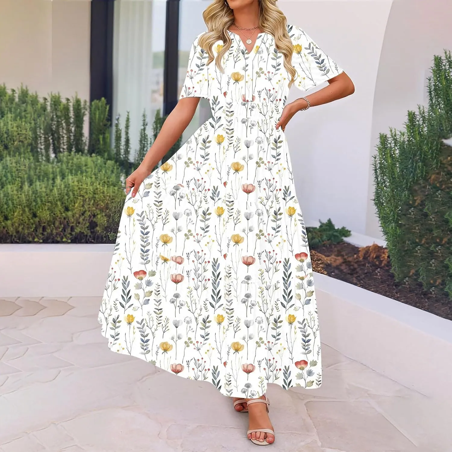 Womens Floral Maxi Dresses V Neck Short Sleeve High Waist A Line Boho Dress 2025 Summer Beach Boho Vacation Dresses