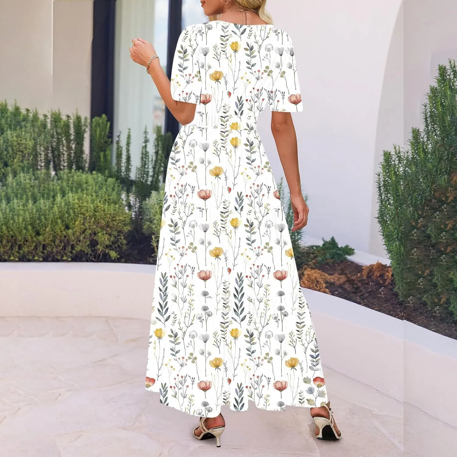 Womens Floral Maxi Dresses V Neck Short Sleeve High Waist A Line Boho Dress 2025 Summer Beach Boho Vacation Dresses