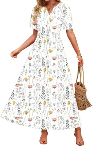 Womens Floral Maxi Dresses V Neck Short Sleeve High Waist A Line Boho Dress 2025 Summer Beach Boho Vacation Dresses