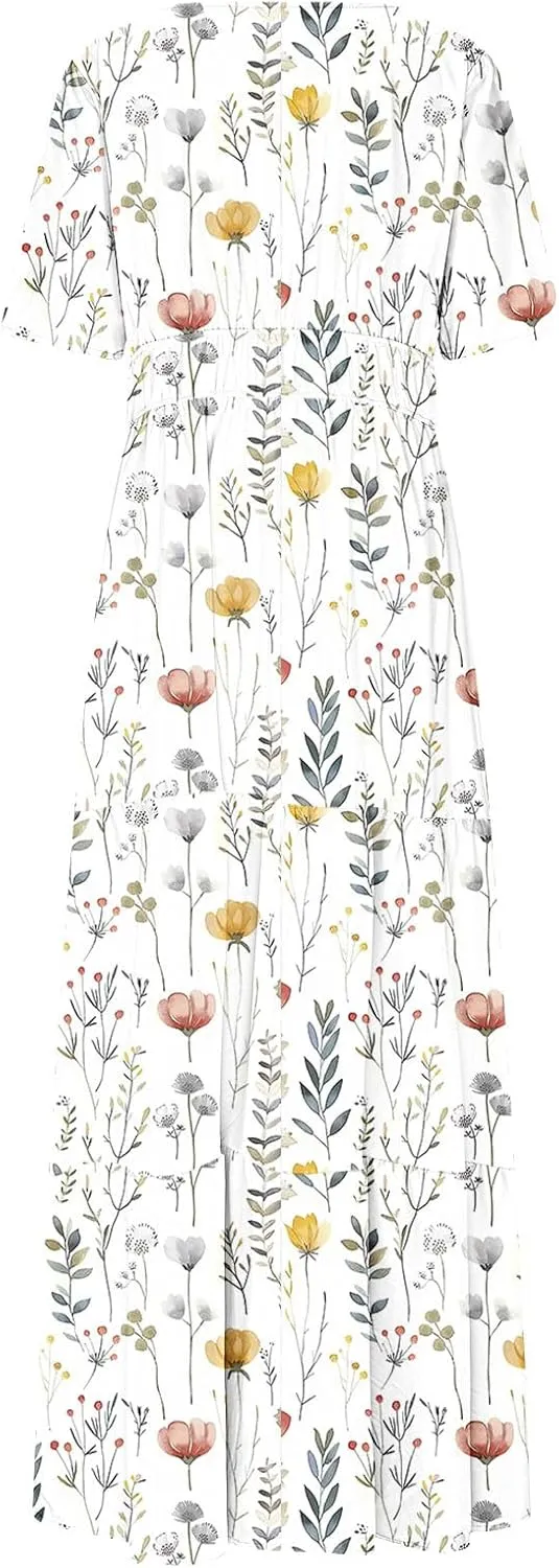 Womens Floral Maxi Dresses V Neck Short Sleeve High Waist A Line Boho Dress 2025 Summer Beach Boho Vacation Dresses