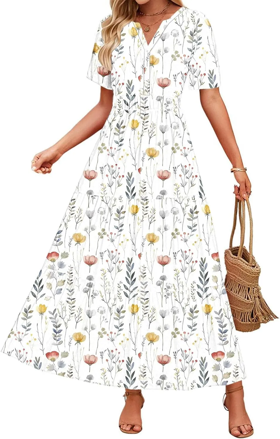 Womens Floral Maxi Dresses V Neck Short Sleeve High Waist A Line Boho Dress 2025 Summer Beach Boho Vacation Dresses