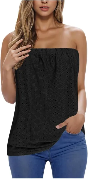 Women's Flowy Tube Tops Loose Fit Casual Strapless Shirts Eyelet Embroidery Lace Bandeau Tank Top Sleeveless Backless