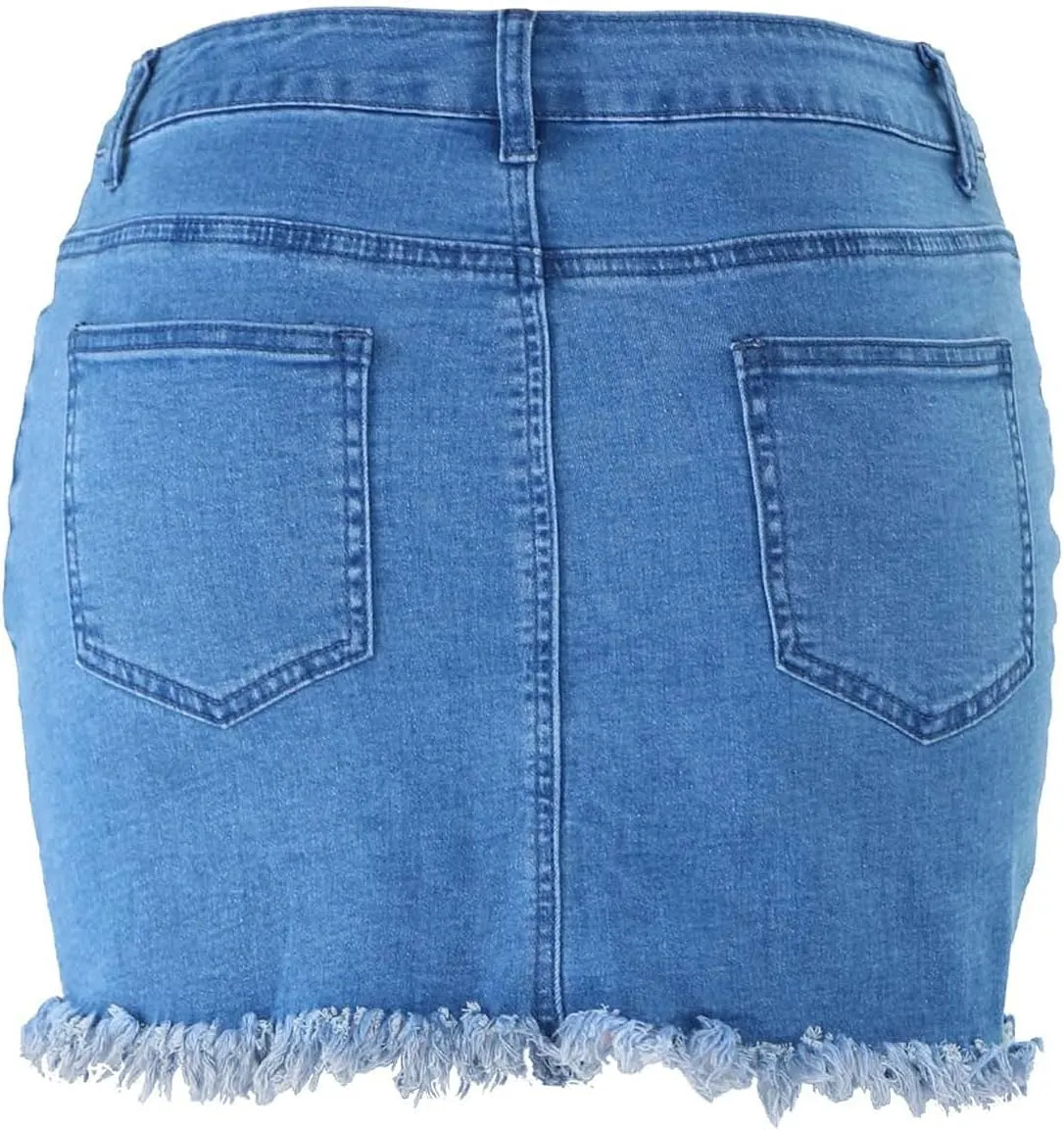 Women's Long Skirts Summer Denim Skirt Raw Hem Bodycon Stretch Casual High Waisted Jean Mini Skirt, S-2XL