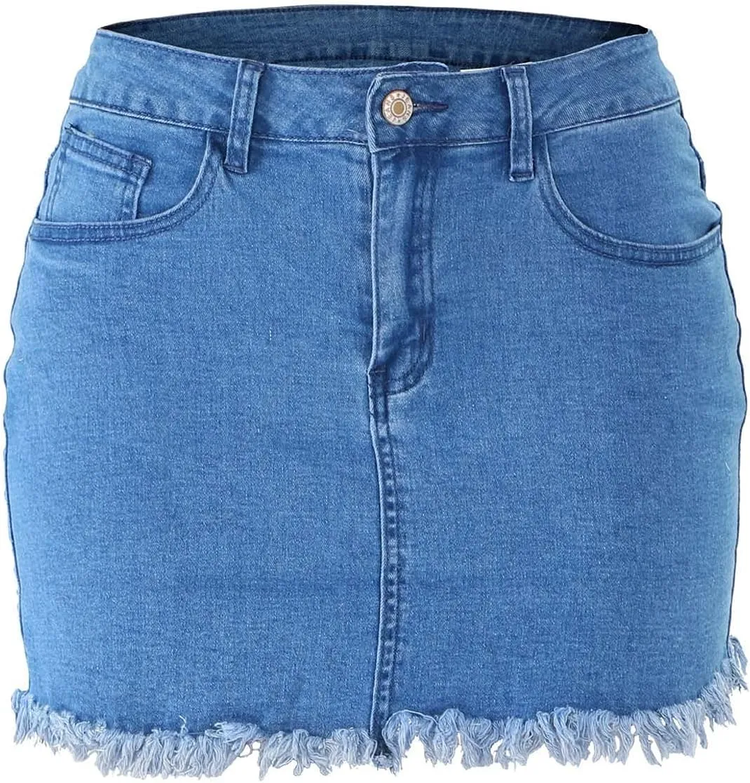 Women's Long Skirts Summer Denim Skirt Raw Hem Bodycon Stretch Casual High Waisted Jean Mini Skirt, S-2XL