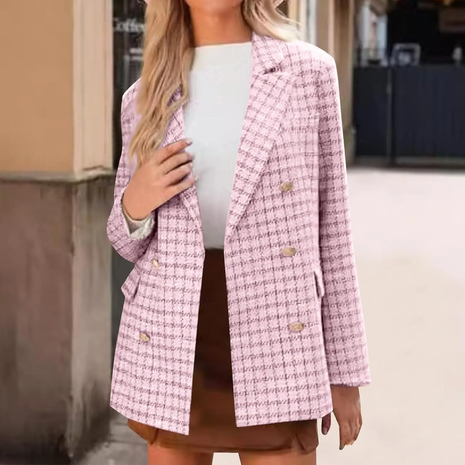 Womens Plaid Tweed Blazers Spring Fall Warm Fashion Casual Open Front Business Elegant Business Office Work Jackets