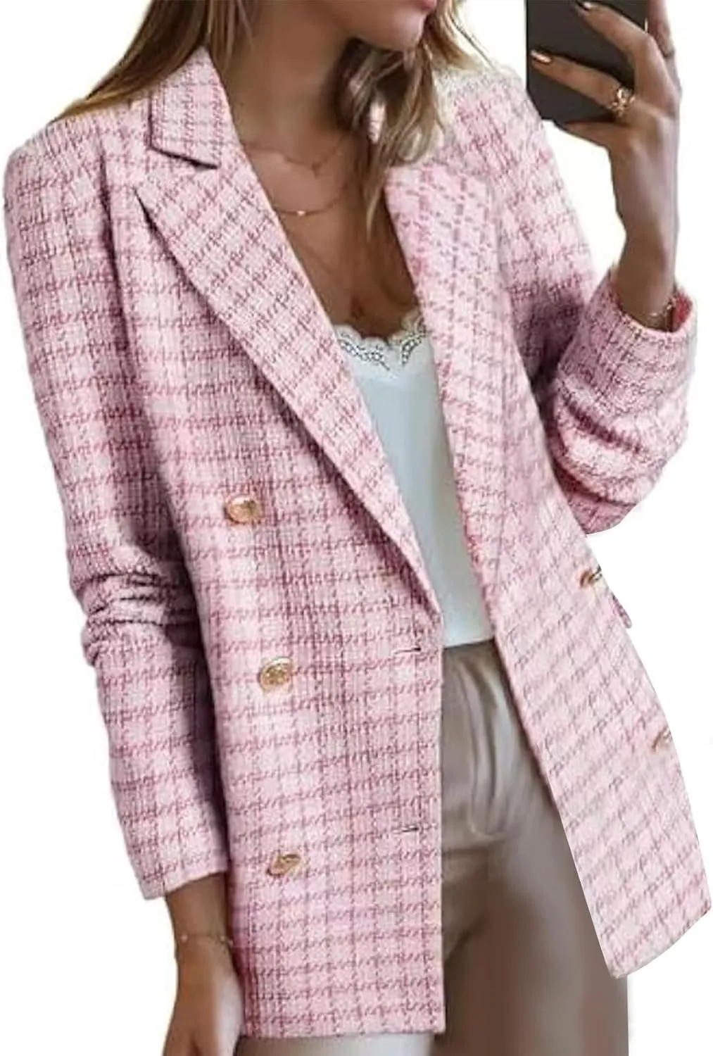 Womens Plaid Tweed Blazers Spring Fall Warm Fashion Casual Open Front Business Elegant Business Office Work Jackets