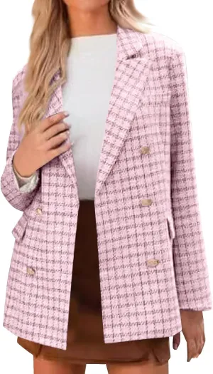 Womens Plaid Tweed Blazers Spring Fall Warm Fashion Casual Open Front Business Elegant Business Office Work Jackets