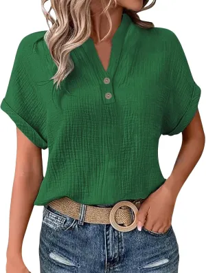 Women's Short Sleeve Cotton Linen Shirts Henley Dressy Casual Summer Tops 2025 Trendy Blouses Beach Vacation Clothes