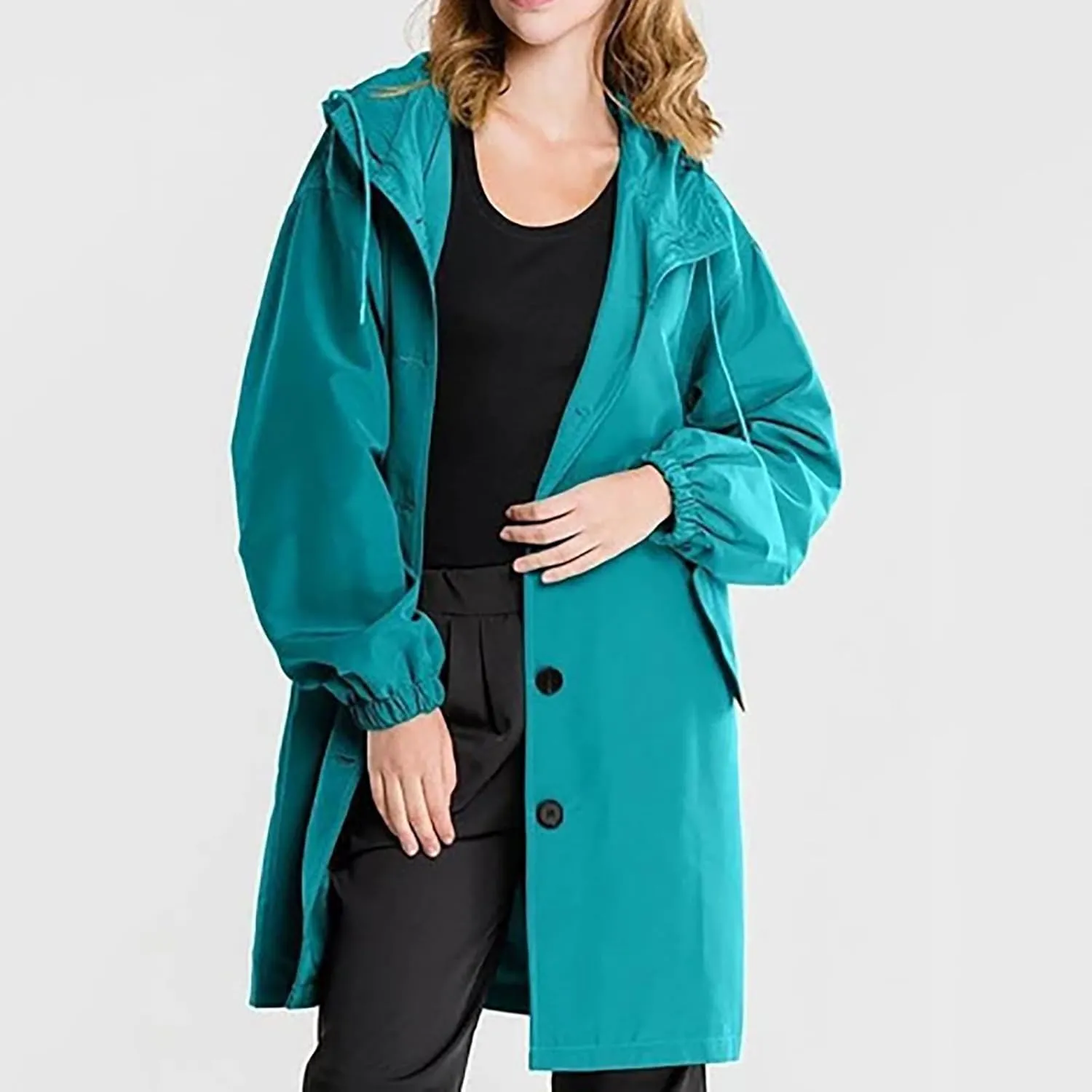 Womens Trench Coats with Hood Oversize Long Single-Breasted Windbreaker Plus Size Lightweight Elegant PeaCoat Overcoat