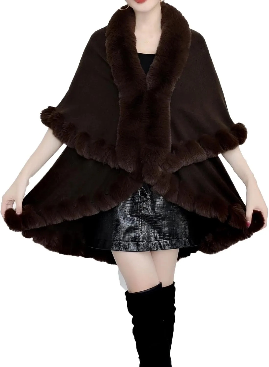 XUNRYAN Women's Shawl Wraps Faux-Fur Cape Coat Wool-Blend Cloak Open Front Cardigan Poncho Winter Warm Sweater Jackets