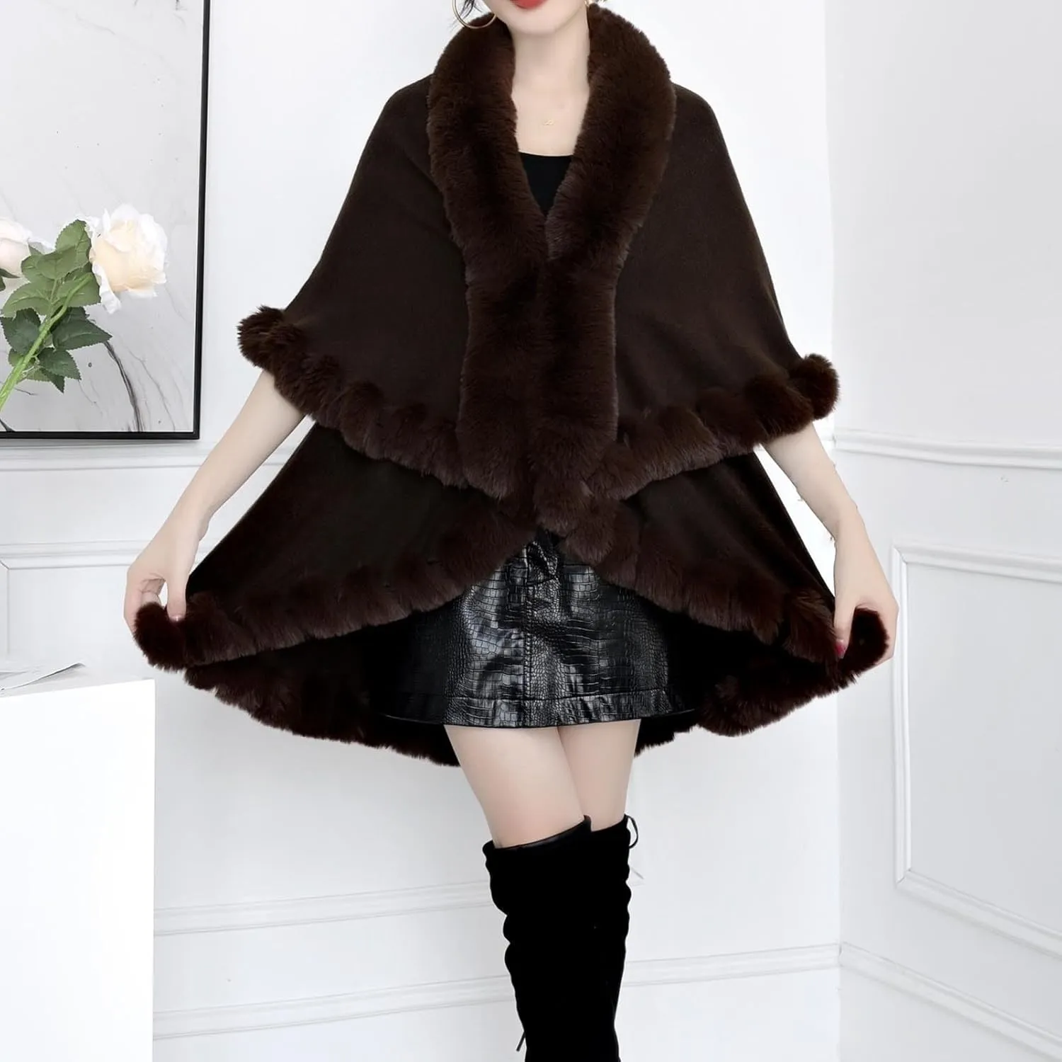 XUNRYAN Women's Shawl Wraps Faux-Fur Cape Coat Wool-Blend Cloak Open Front Cardigan Poncho Winter Warm Sweater Jackets