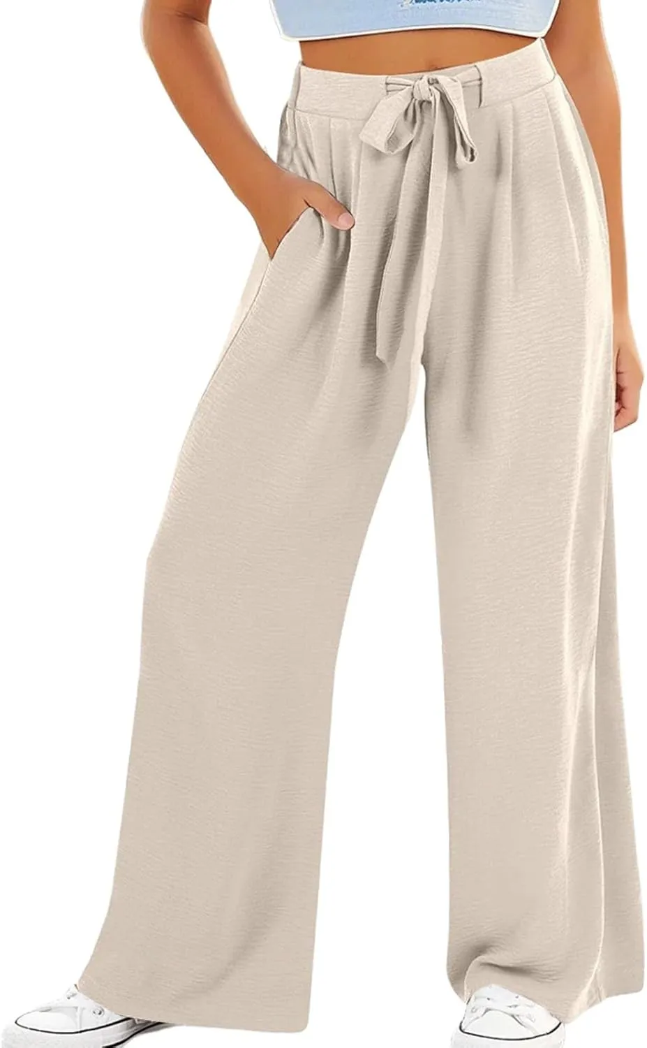 Youth Girls Palazzo Cotton Linen Long Pants Baggy Wide Leg High Waist Drawstring Long Trousers 2025 Summer Bottoms