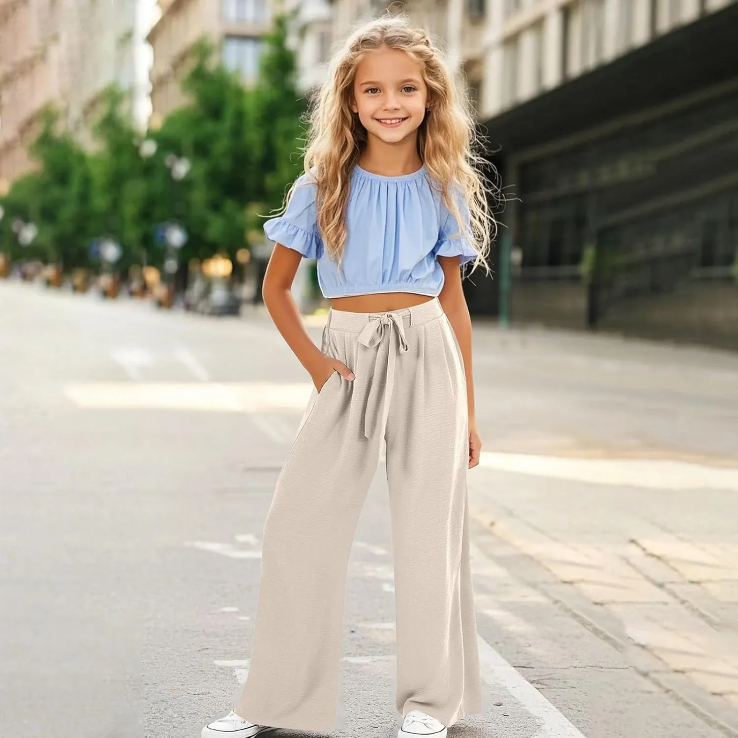 Youth Girls Palazzo Cotton Linen Long Pants Baggy Wide Leg High Waist Drawstring Long Trousers 2025 Summer Bottoms