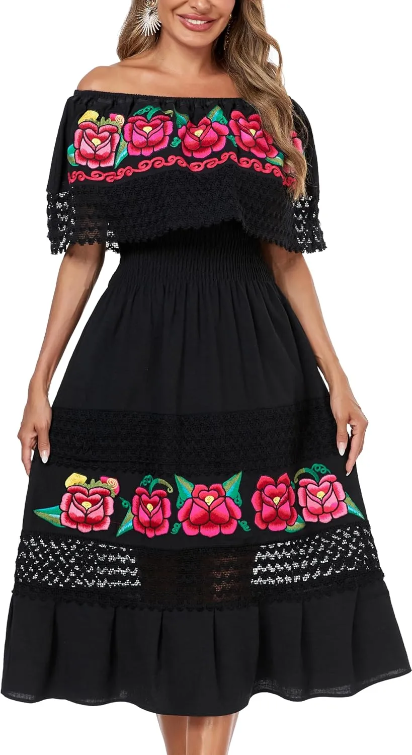 YZXDORWJ Women Embroidered Mexican Present Casual Sexy Lace Off-Shoulder Long Dress