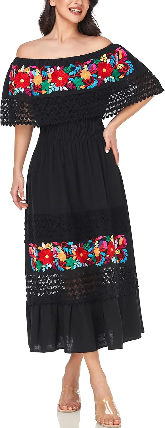 YZXDORWJ Women Embroidered Mexican Present Casual Sexy Lace Off-Shoulder Long Dress