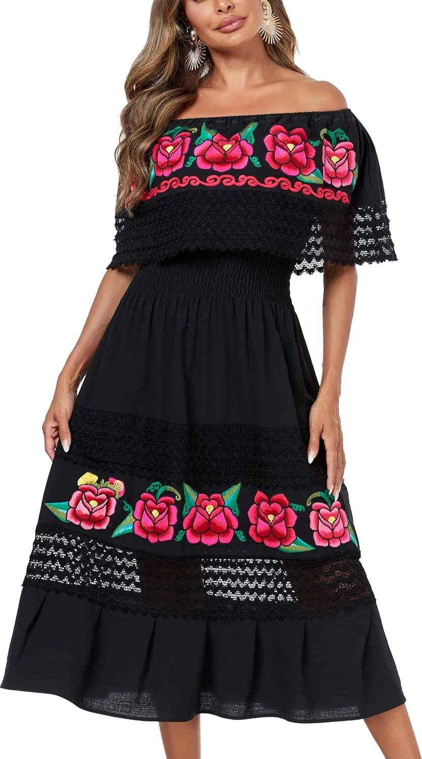 YZXDORWJ Women Embroidered Mexican Present Casual Sexy Lace Off-Shoulder Long Dress