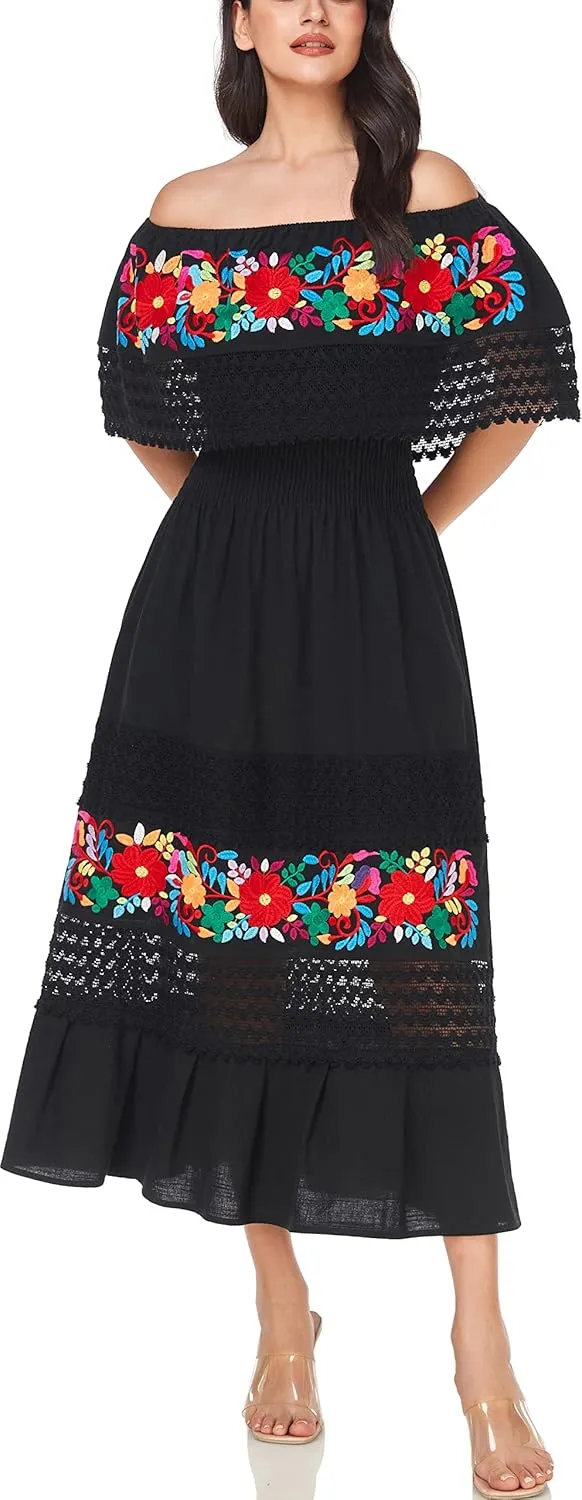 YZXDORWJ Women Embroidered Mexican Present Casual Sexy Lace Off-Shoulder Long Dress