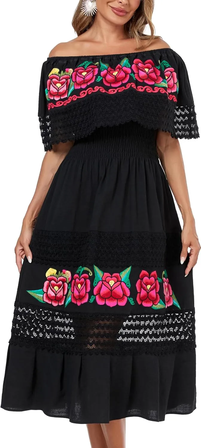 YZXDORWJ Women Embroidered Mexican Present Casual Sexy Lace Off-Shoulder Long Dress