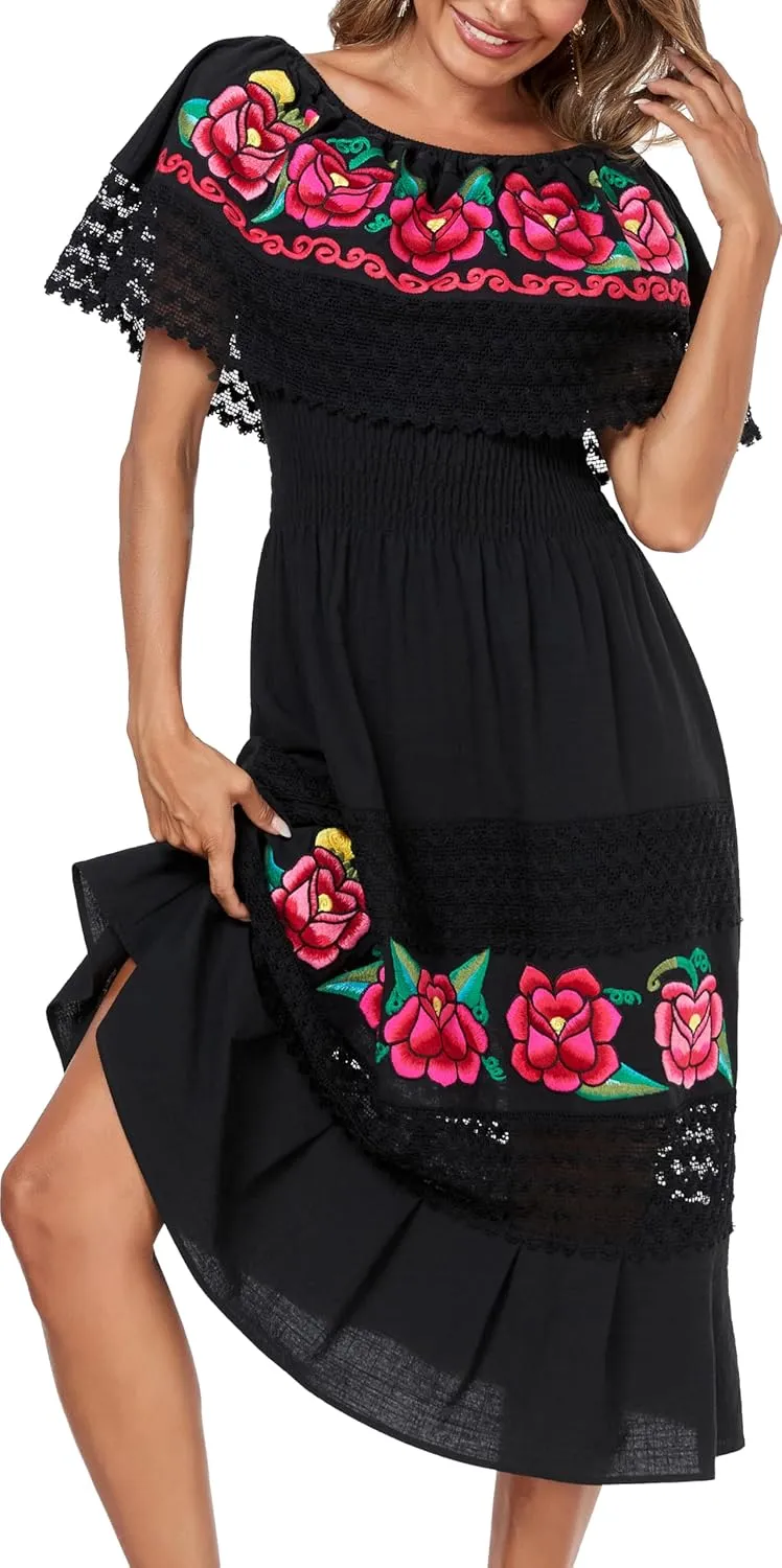 YZXDORWJ Women Embroidered Mexican Present Casual Sexy Lace Off-Shoulder Long Dress