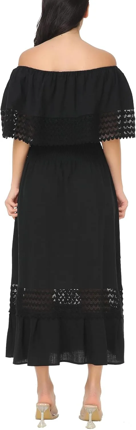 YZXDORWJ Women Embroidered Mexican Present Casual Sexy Lace Off-Shoulder Long Dress
