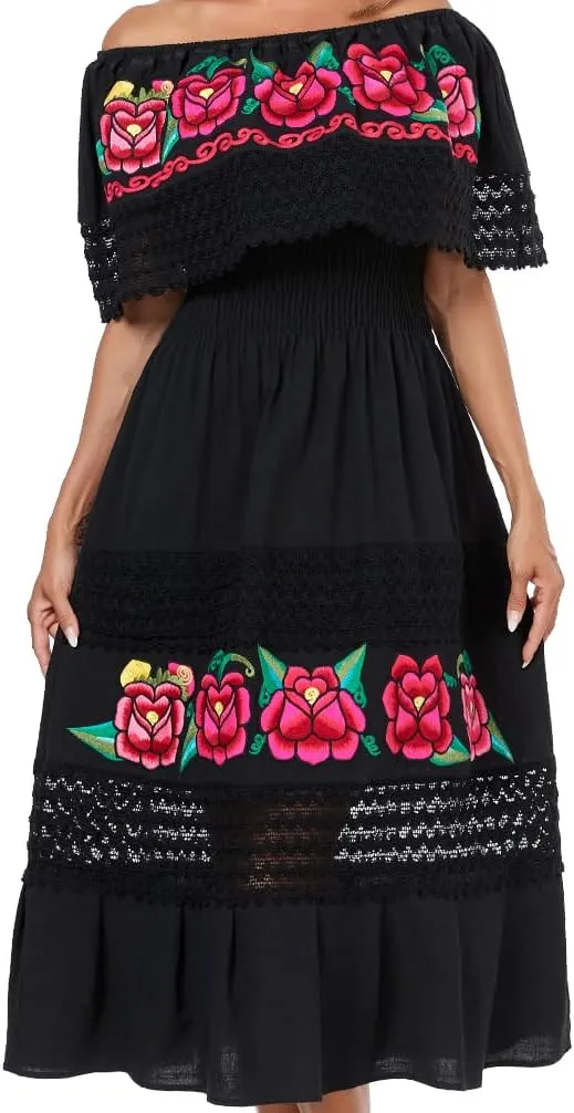 YZXDORWJ Women Embroidered Mexican Present Casual Sexy Lace Off-Shoulder Long Dress