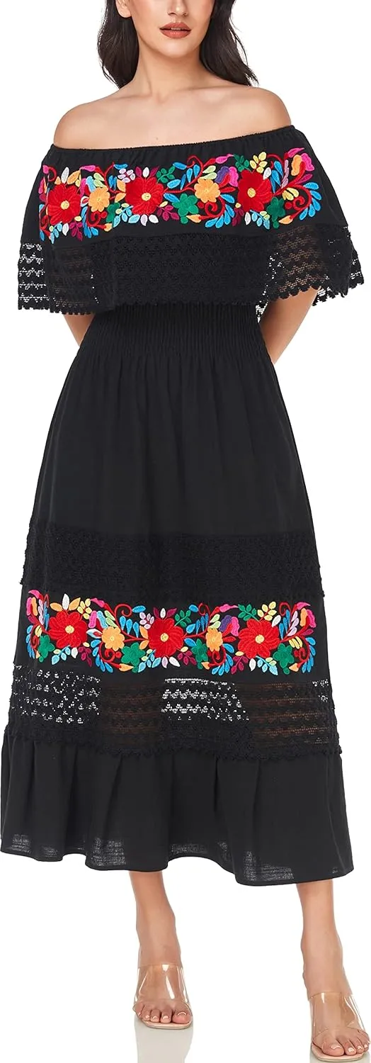 YZXDORWJ Women Embroidered Mexican Present Casual Sexy Lace Off-Shoulder Long Dress