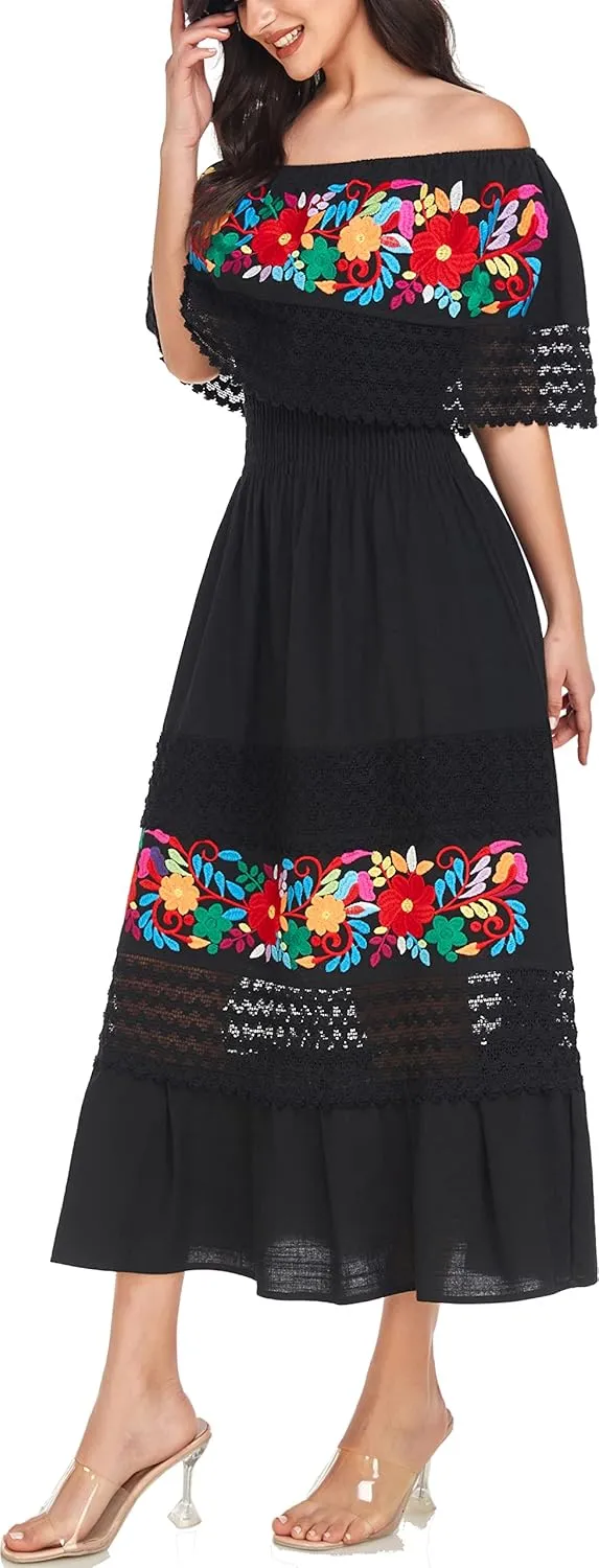 YZXDORWJ Women Embroidered Mexican Present Casual Sexy Lace Off-Shoulder Long Dress