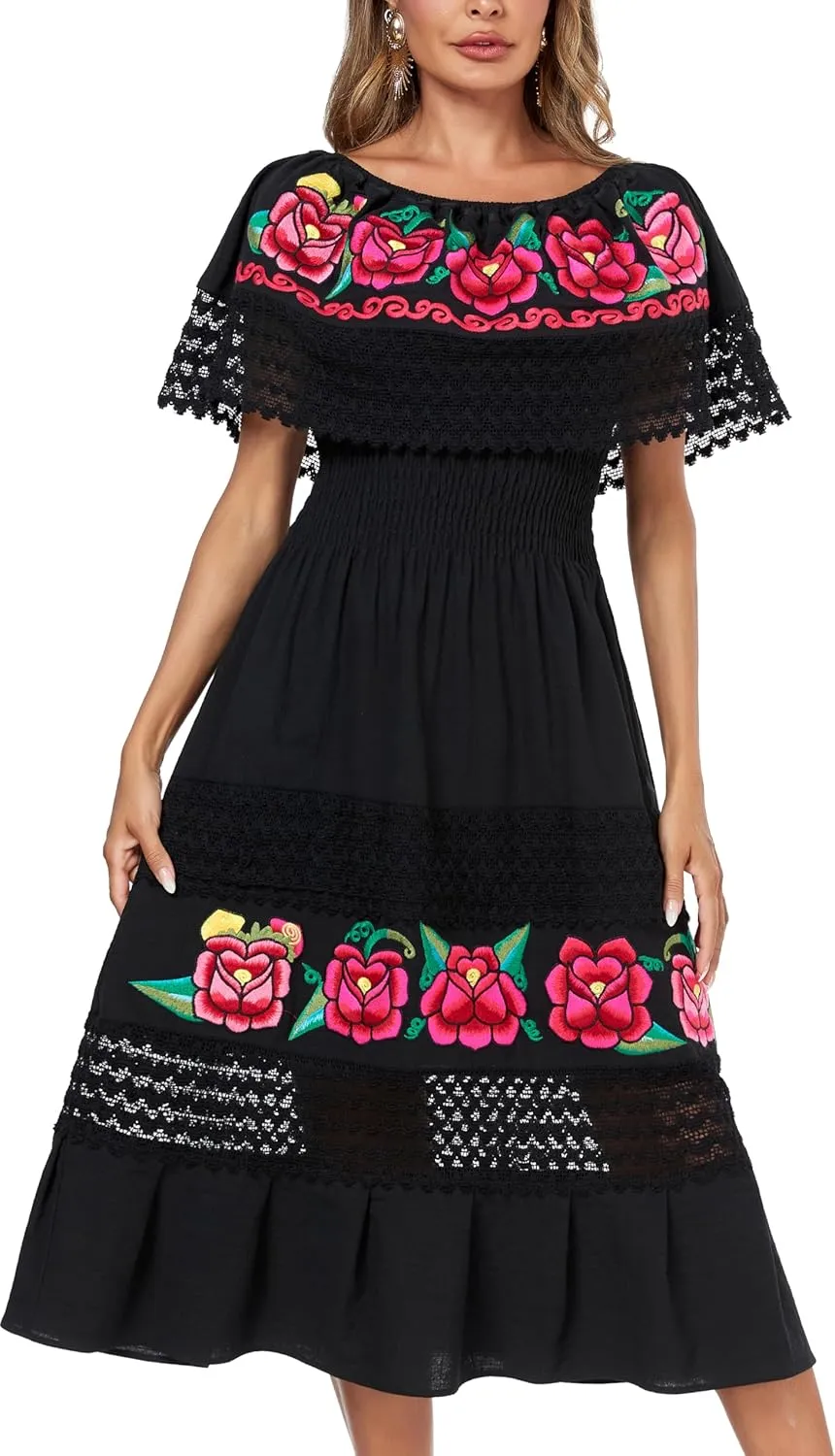 YZXDORWJ Women Embroidered Mexican Present Casual Sexy Lace Off-Shoulder Long Dress