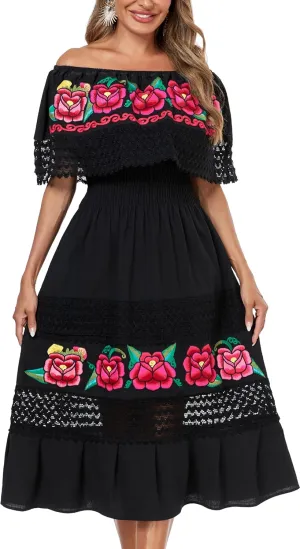 YZXDORWJ Women Embroidered Mexican Present Casual Sexy Lace Off-Shoulder Long Dress