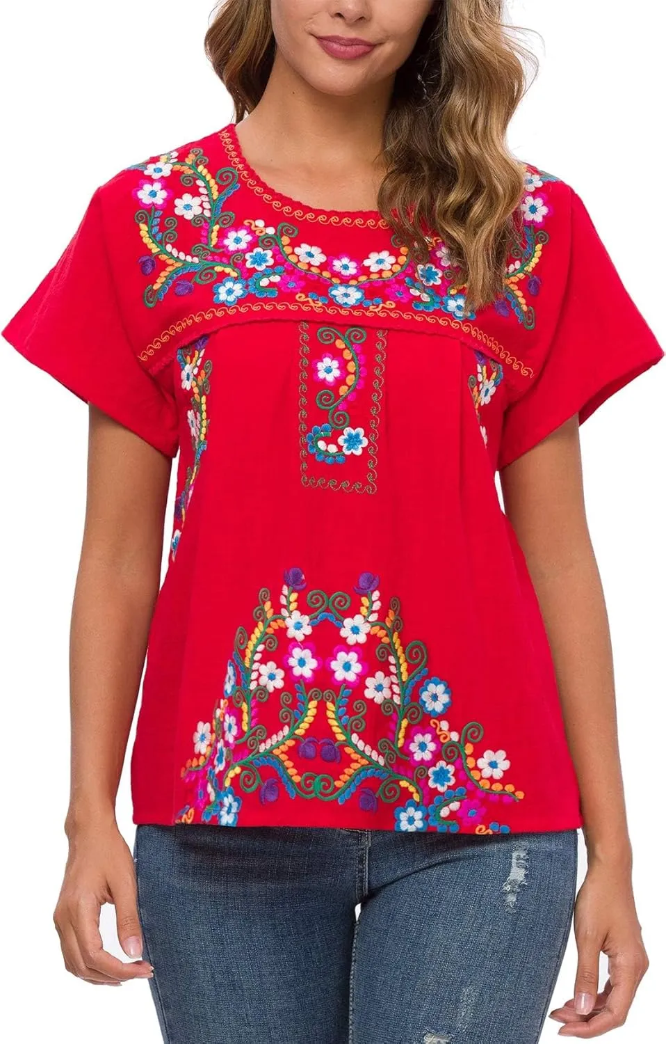 YZXDORWJ Women's Embroidered Mexican Peasant Blouse Mexico Summer Shirt Short Sleeve